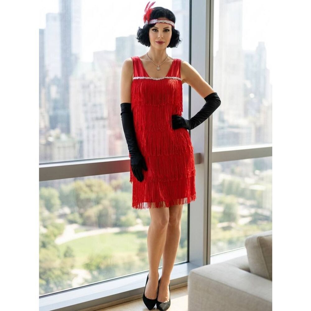 🩵Red Rotating 20's Gatsby Flapper Dress Costume Set Medium